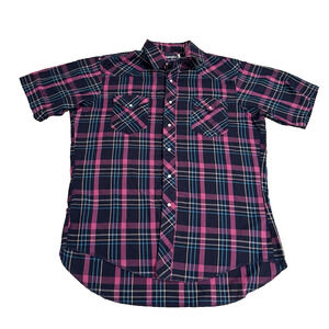 Wrangler Western Shirt Mens L Plaid Pink Blue Snap Front Cowboy Rodeo VTG